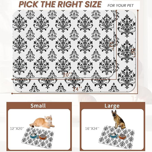 Vintage Damask Flower Dog Cat Food Mat,White Black Floral Absorbent Pet Feeding Mat for Food and Water,Non-Slip Dog Bowl Mats Floor Protector 16"x24"