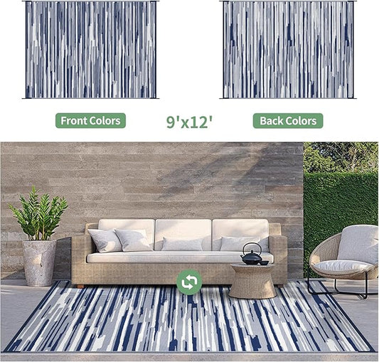 GENIMO Outdoor Rug for Patio Clearance, 9'x12' Waterproof Camping Mat, Reversible Plastic Straw Rugs for RV, Camper, Balcony, Backyard, Picnic, Deck (Blue White)