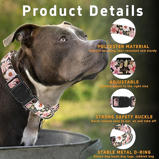 Dog Collar for Boys Girls, Floral Puppy Collar for Small Medium Large Dogs, Adjustable Floral Pattern Soft Pet Collar with Safety Buckle for Male Females(Light Pink,L)