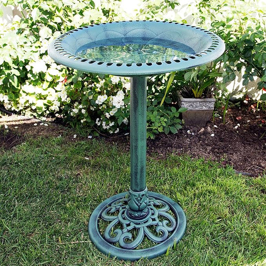 Alpine Corporation TEC116 Outdoor Aged Green Pedestal Birdbath with Scrollwork, 28" Tall, Green