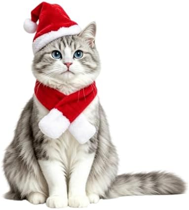 NAMSAN Pet Christmas Costume for Cats Small Dogs Rabbits, Santa Cat Hat with Red Scarf, Small Dog Xmas Hat Scarves, Red Christmas Cat Outfit for Holiday Party Cosplay Statue Decoration by Namsan