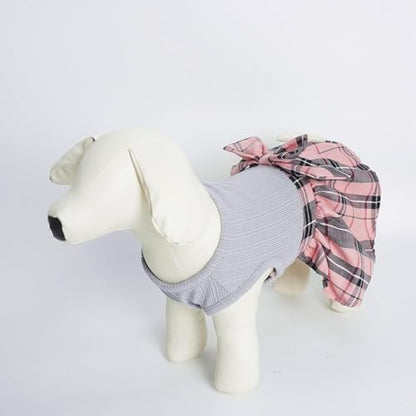 PUPTECK Cute Soft Plaid Dog Dress with Bow Puppy Skirt Clothes, Grey Pink L - Image 6