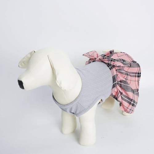 PUPTECK Cute Soft Plaid Dog Dress with Bow Puppy Skirt Clothes Grey Pink XS - Image 6