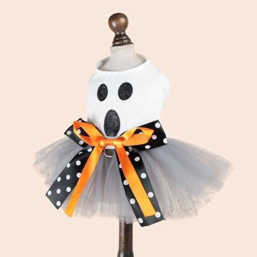 Dog Halloween Costume - Pumpkin Tutu Dress for Small Dogs & Puppies, Cute Holiday Pet Apparel with Bowtie, Fall Party Outfit L-Ghost Large - Image 2