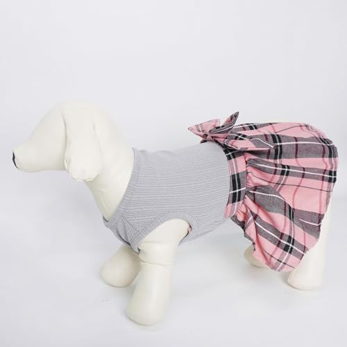 PUPTECK Cute Soft Plaid Dog Dress with Bow Puppy Skirt Clothes, Grey Pink L - Image 5