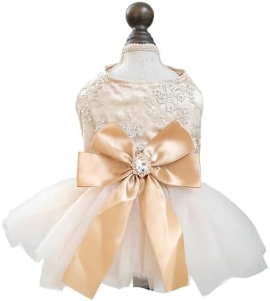Handmade Floral Dog Dress with Bow, Princess Lace Pet Dress for Small Dogs and Cats, Lightweight Puppy Outfit N-Champagne X-Small by MaruPetyourkidsfriends