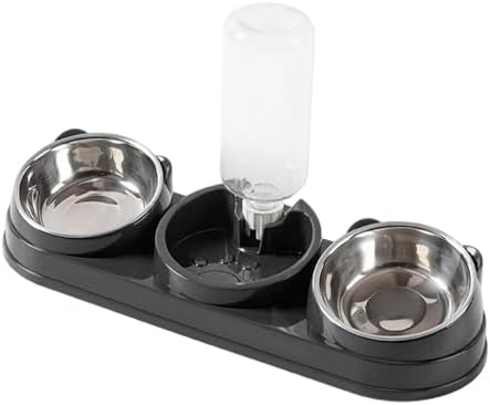 Triple Cat Bowls Pet Feeder with Water Dispenser 15° Tilted Wet and Dry Food Bowl Set for Small Dogs and Cats- Dark Gray