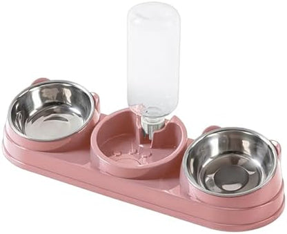 Triple Cat Bowls Pet Feeder with Water Dispenser 15° Tilted Wet and Dry Food Bowl Set for Small Dogs and Cats-