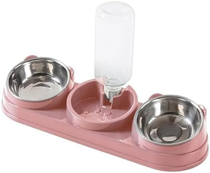 Triple Cat Bowls Pet Feeder with Water Dispenser 15° Tilted Wet and Dry Food Bowl Set for Small Dogs and Cats-