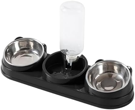 Triple Cat Bowls Pet Feeder with Water Dispenser 15° Tilted Wet and Dry Food Bowl Set for Small Dogs and Cats- Black