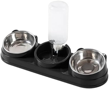 Triple Cat Bowls Pet Feeder with Water Dispenser 15° Tilted Wet and Dry Food Bowl Set for Small Dogs and Cats- Black