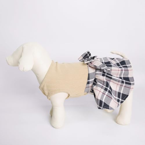PUPTECK Cute Soft Plaid Dog Dress with Bow Puppy Skirt Clothes, Beige M - Image 5