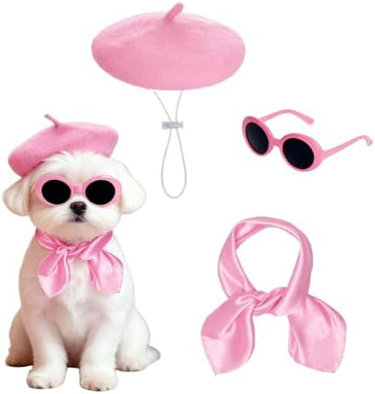 Dog Beret Scarf Glasses Pet French Beanie for Small Dogs Cats(Pink, Small) by hoyuwak