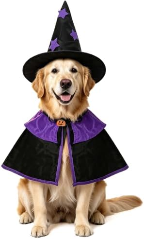 Pet Witch Costume, Purple Witch Cloak for Dogs & Cats, Adjustable Halloween Cape for Small & Large Pets, Spooky Party Dress-Up for Golden Retriever, Labrador, Cat, Husky & More by Gewonelife