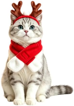 NAMSAN Pet Reindeer Costume for Cats Small Dogs Rabbits, Christmas Cat Antler Headband with Red Scarf, Small Dog Santa Deer Antler Outfit for Christmas New Year Party Cosplay Statue Decoration by Namsan
