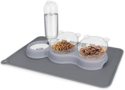 Triple Cat Bowls for Food and Water, YECERCAN Plastic Raised Cat Bowls with Automatic Water Bottle & Waterproof Mat for Cats/Small Dogs, 3 in 1 Pet Feeder for Wet/Dry Food