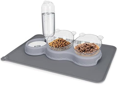 Triple Cat Bowls for Food and Water, YECERCAN Plastic Raised Cat Bowls with Automatic Water Bottle & Waterproof Mat for Cats/Small Dogs, 3 in 1 Pet Feeder for Wet/Dry Food