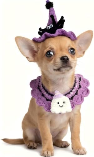 Halloween Cat Costume & Dog Outfit – Handmade Purple Witch Hat & Cute Ghost Cat Clothes, Adjustable Pet Outfit for Rabbits,Cats &Small Dogs, Lightweight & Breathable, Festive Pet Accessories by MITOCAPY