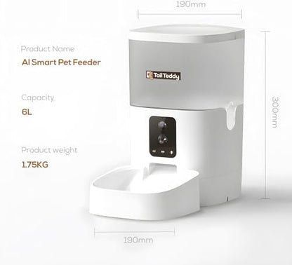TailTeddy Automatic Cat Feeder with Dual Camera & AI Detection (6L), Smart Pet Feeder with WiFi App & Two-Way Audio, Timed Cat Feeder up to 6 Meals/Day, Stainless Steel Bowl & Battery Backup