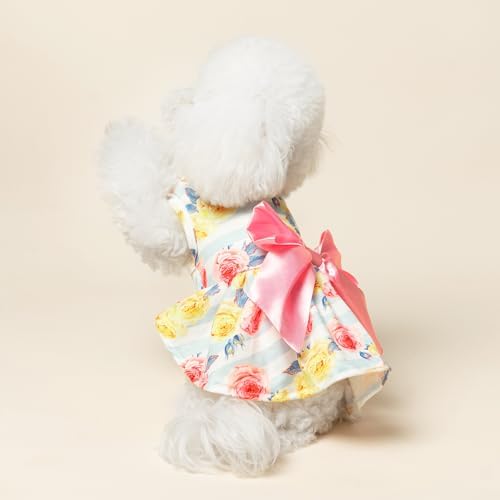 PUPTECK Floral Dog Dress with Bow Soft Cute Dog Clothes for Spring Stripe - Image 6