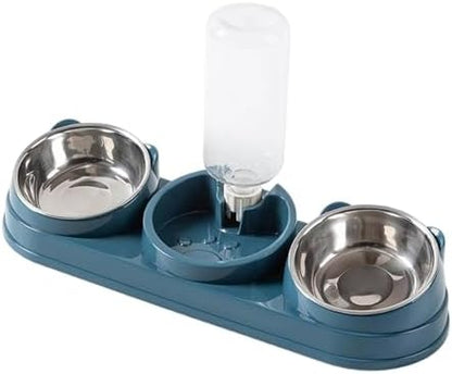 Triple Cat Bowls Pet Feeder with Water Dispenser 15° Tilted Wet and Dry Food Bowl Set for Small Dogs and Cats- Dark Blue