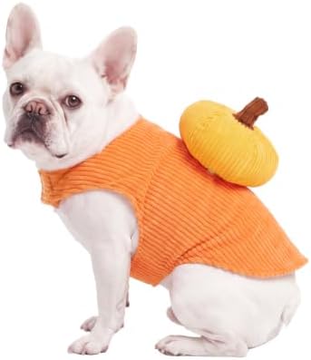 CuteBone Pumpkin Dog Halloween Costume Sleeveless Vest with 3D Pumpkin Decor Soft Corduroy Outfit Easy Velcro Closure Fall Party Clothes for Small Medium Dogs GBZ09XS - Image 2