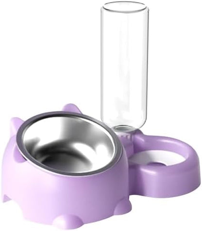 Automatic Cat Dog Bowls with Water Dispenser - 15° Tilted Stainless Steel Food & Water Bowl Set, Detachable Leakproof Pet Feeder for Small Medium Pets, Non-Slip Easy Clean Design (PL)