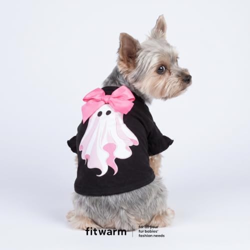 Fitwarm Bow Ghost Halloween Dog Shirt, Spooky Costumes for Small Dogs Girl, Sweet Pet Outfit, Black, Pink, Medium - Image 2