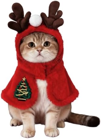 Dog Christmas Costumes Reindeer Hooded Cape, Cute Pet Costumes for Cats Dogs, Soft Fluffy Dog Costume Cat Clothes for Holiday Party and Photos, (Red/M) by Unknown