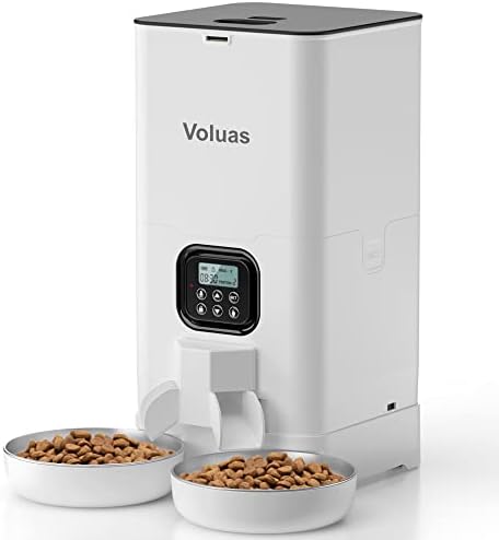 VOLUAS Automatic Cat Feeder for Two Cats with Dual Stainless Bowls, 6L