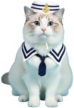Lanyarco Cat Halloween Costumes Sailor Hat Collar Cape Costume Outfit for Cat Dog Pet Captains Dressing up Party (2PCS Set) - Image 6