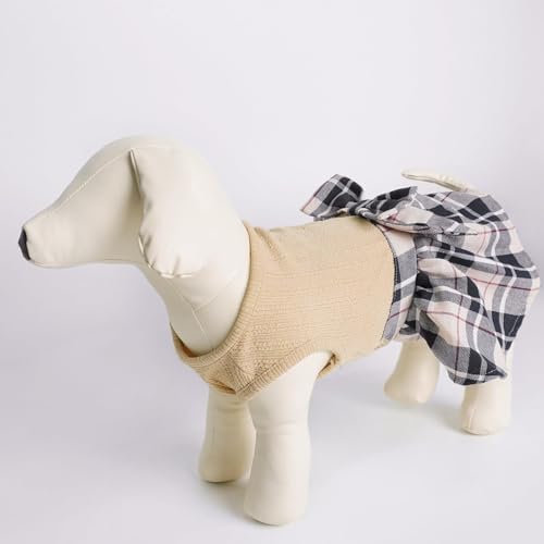 PUPTECK Cute Soft Plaid Dog Dress with Bow Puppy Skirt Clothes, Beige M - Image 7