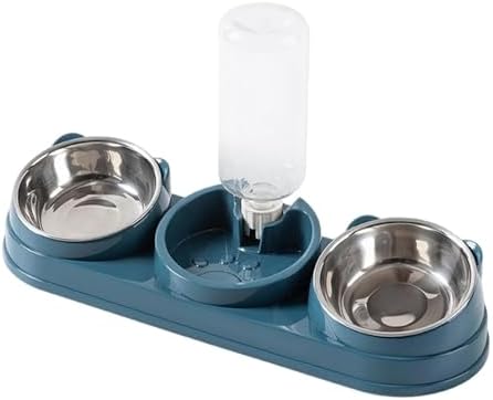 Triple Cat Bowls Pet Feeder with Water Dispenser 15° Tilted Wet and Dry Food Bowl Set for Small Dogs and Cats- Dark Blue