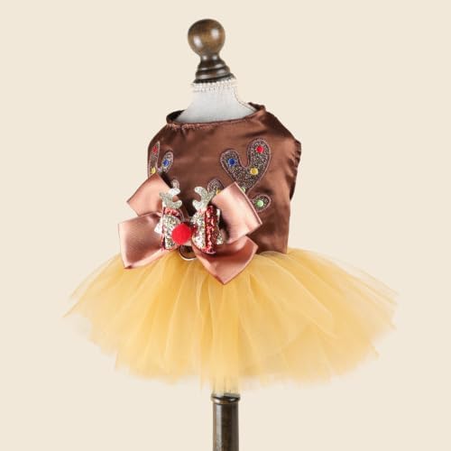 Handmade Floral Dog Dress with Bow, Princess Lace Pet Dress for Small Dogs and Cats, Lightweight Puppy Outfit M-Reindeer Large - Image 2