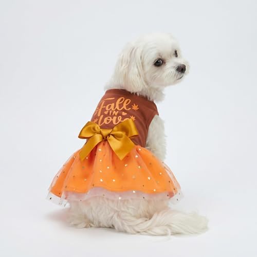 Fitwarm Thanksgiving Fall in Love Dog Dress, Sparkly Dog Clothes for Small Dogs Girl, Holiday Pet Tutu Dress, Cat Outfit, Brown, Orange, XS - Image 2