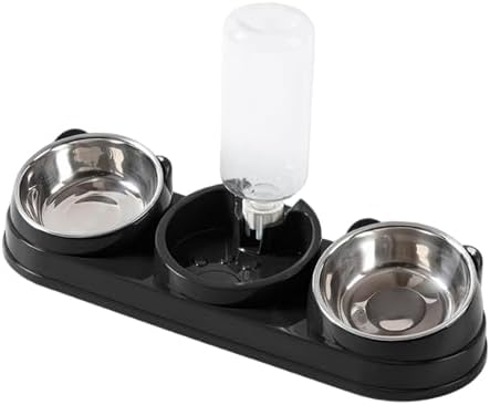 Triple Cat Bowls Pet Feeder with Water Dispenser 15° Tilted Wet and Dry Food Bowl Set for Small Dogs and Cats- Black