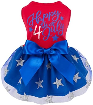Fitwarm Happy 4th of July Dog Tulle Dress, Patriotic Dog Clothes for Small Dogs Girl, Red and White Star Pet Outfit, Red, Royal Blue, Medium by Fitwarm