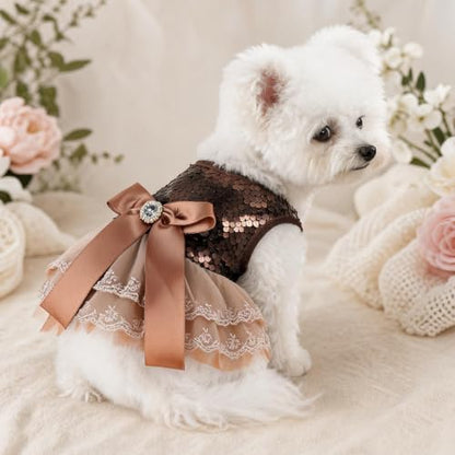 Handmade Floral Dog Dress with Bow, Princess Lace Pet Dress for Small Dogs and Cats, Lightweight Puppy Outfit L-Coco Golden X-Small - Image 6
