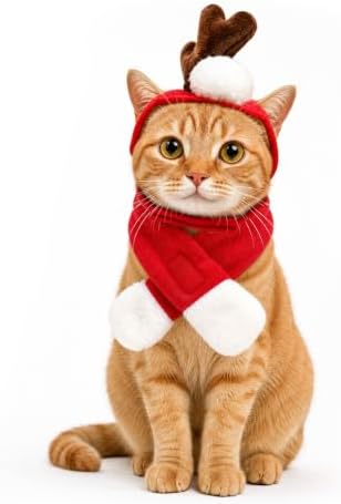 Enjoying Cat Christmas Antler Costume, Funny Max Antler with Santa Scarf for Cats Small Dogs, Christmas Pet Reindeer Headband Scarf Sets, Single Elk Outfit for New Year Cosplay, Adjustable by Enjoying