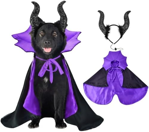 2 Pcs Dog Halloween Costume Set Cat Witch Vampire Cape Devil Horns Hat Holiday Clothes for Cat Puppy Halloween Party Pet Outfits (Purple) L by CooShou