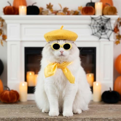 Dog Beret Set Including Dog Beret Satin Scarf Funny Glasses Pet French Artist Beanie for Small Dogs Cats Halloween Christmas Cosplay Party (Yellow) - Image 6