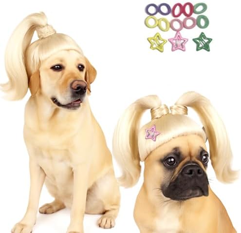 Blond Long Hair Ponytail Funny Pet Wig – Dog Wig for Large Girl Dog –Large Dog Costume for Halloween, Party, Photo Shoots – 3D Natural Look – Fits 15kg-50kg Pets by Lamiaraga