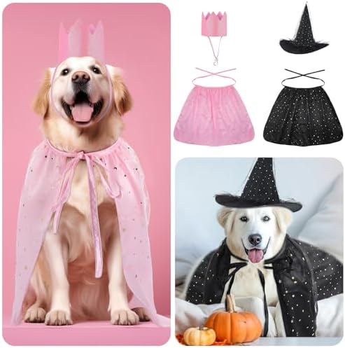 Huhumy 4 Pcs Halloween Witch Pet Costume, Cloak Hat Crown for Dogs Cats - Image 4