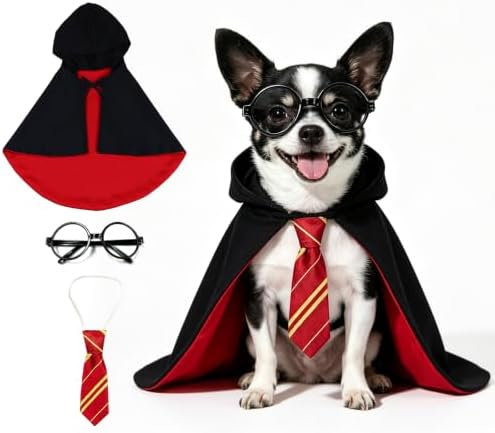 Dog Wizard Costume Set for Small Dogs, Black Red Cape with Tie and Round Glasses, Funny Halloween Dog Costume for Puppy, Pet Parties, Trick or Treat, Photo Props and Dress Up Fun for Parties by HAEFOOPartyDecorations