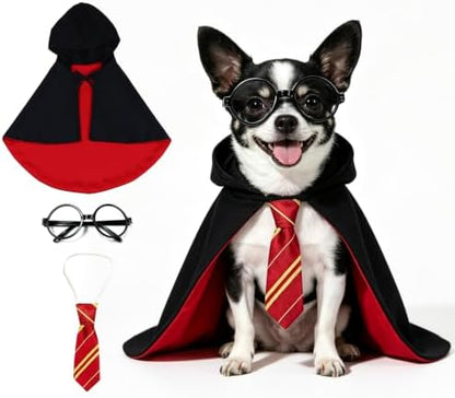 Dog Wizard Costume Set for Small Dogs, Black Red Cape with Tie and Round Glasses, Funny Halloween Dog Costume for Puppy, Pet Parties, Trick or Treat, Photo Props and Dress Up Fun for Parties by HAEFOOPartyDecorations
