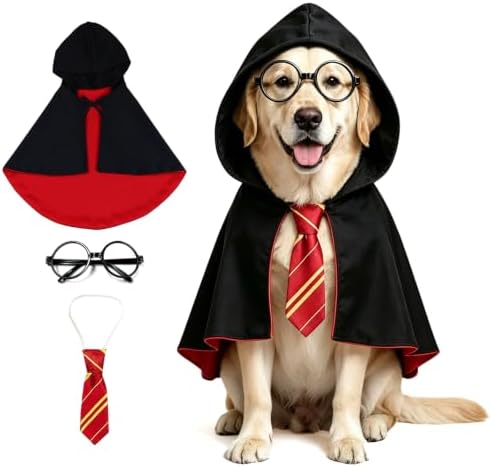 Dog Wizard Costume Set for Large Dogs, Black Red Cape with Tie and Round Glasses, Funny Halloween Dog Costume for Medium Large Pets, Parties, Trick or Treat, Photos, Dress Up and Events by HAEFOOPartyDecorations