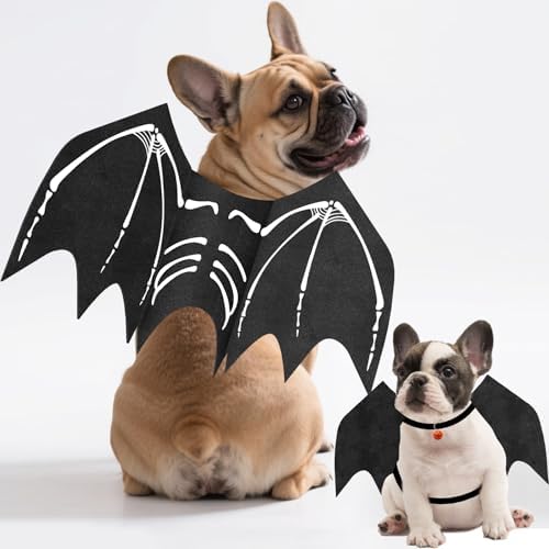 Olanrun Small Dog Halloween Costumes, Adjustable Dog Bat Wings Costumes for Small Dogs with Pumpkin Bell Skeleton Print On The Back, Pet Costume Halloween Cosplay Party Dress Up, S Black by OLANRUN