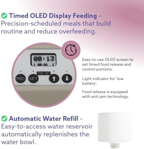 Feeding Friend® Automatic Dog & Cat Food Feeder with Water Dispenser, Portion Control, OLED Display, Anti-Jam Design, Battery Operated, for Pets 4–15 lb, Taupe