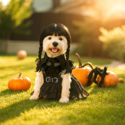 Coume 3 Pcs Halloween Dog Costume Gothic Dress with Wig Belt for Pets,L - Image 6