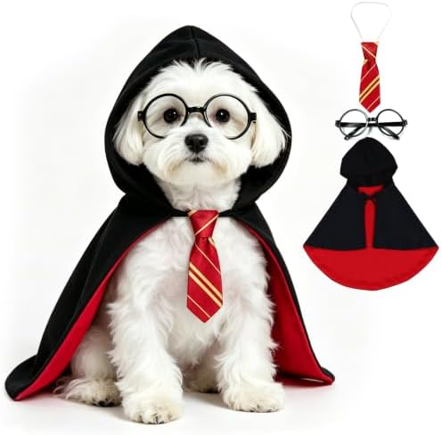 Medium Dog Wizard Costume with Black Glasses Frame, Halloween Pet Costume Set with Wizard Cloak and Scarf, Funny Magic Outfit for Medium Dogs, Cosplay Party, Pet Photo Shoot by Gewonelife